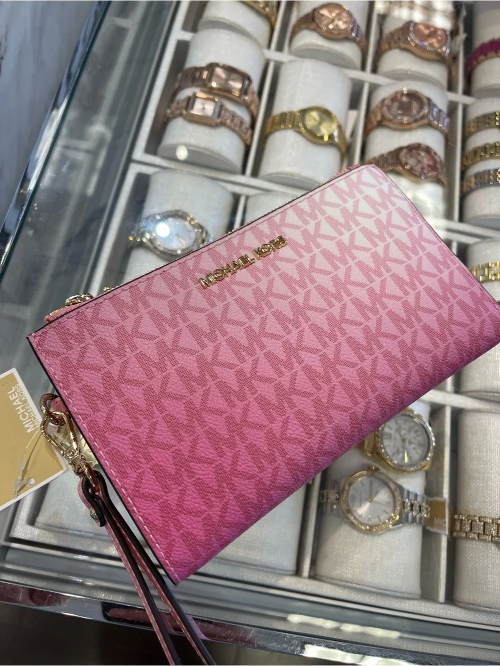 MICHAEL KORS Jet Set Large Double Zip Ombré Signature Logo Wristlet Phone Holder